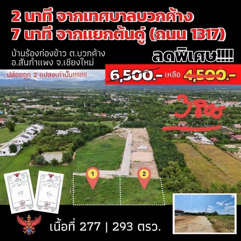 ขายที่ดินจัดสรรเริ่ม 77.5ตรว. 350,000บาท ลดสุด ผ่อนตรงได้ วิวเขา สาธารณูปโภค ต.บวกค้าง อ.สันกำแพง จ.เชียงใหม่